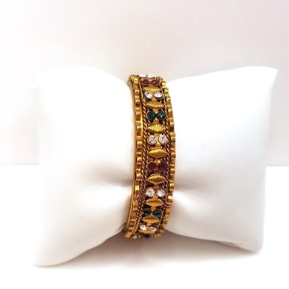 Vintage Gold Tone Rhinestone Bangle Bracelet Clear Red Green Small Size - Picture 2 of 9